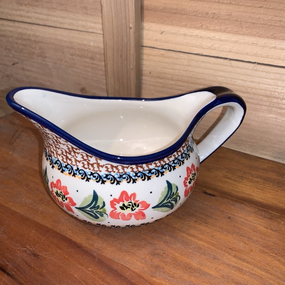 Boleslawiec Polish Pottery Gravy Boat Vintage Blue Rim Flowers‎ Signed Hand Made